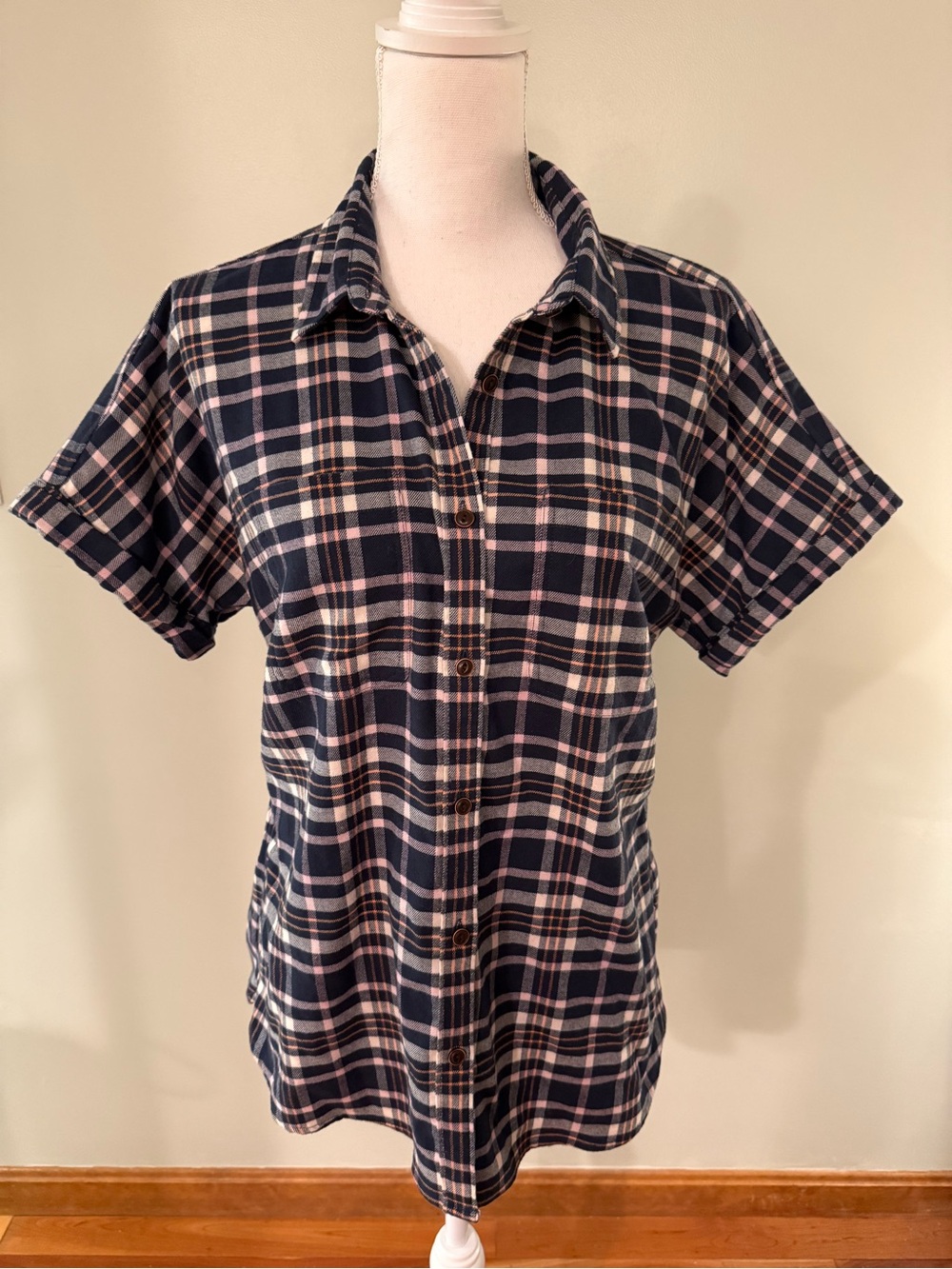 L.L. Bean Navy and Pink Plaid Short-Sleeve Button-Down Shirt